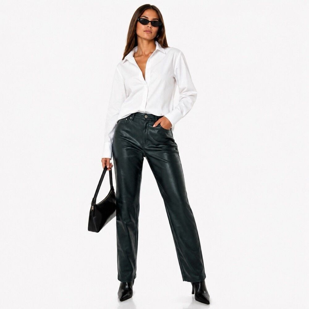 7 For All Mankind Womens S High Waist Faux Leather Pants Green Grunge Indie